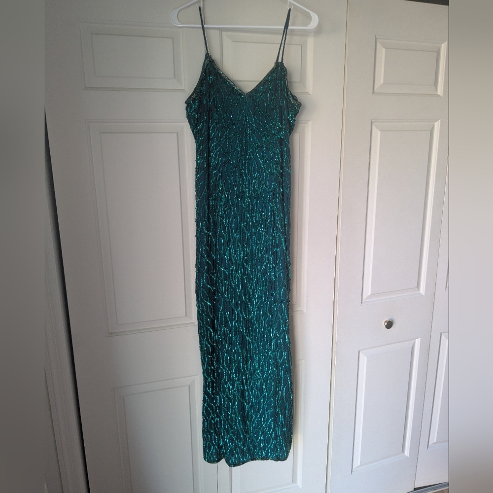 Vintage Sequin 100% Silk Elegant Green Sleeveless Dress
